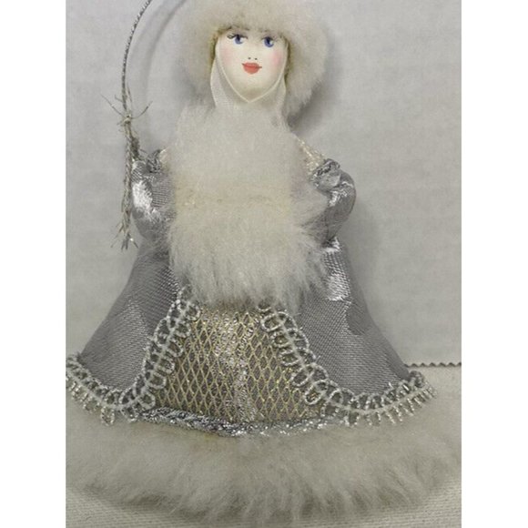 White & Silver Doll Christmas Tree Ornament White Faux Fur Muff & Hat - Picture 2 of 5